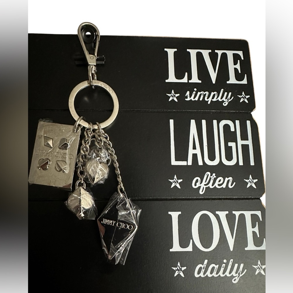 Jimmy Choo Key Chain/Fob Bag Charm Silver Queen Of Hearts Poker Silver Tone NWOT